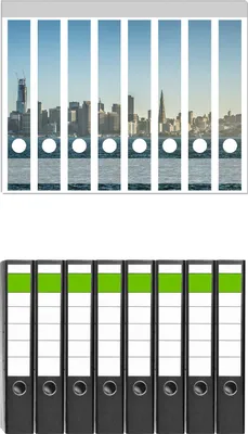 Produktbild von Wallario 8 Stück schmale Ordner inkl. Klebeetiketten mit Motive Skyline von San Francisco -  Set mit Rückenschildern / Ordnerrücken Stickern
