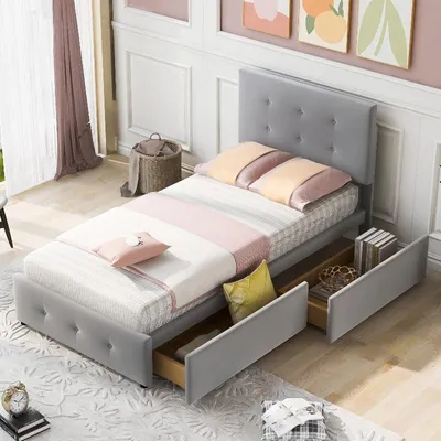 Immagine prodotto di Letto imbottito 90x200 cm, singolo, con rete a doghe, poggiatesta regolabile in altezza e 2 cassetti, rivestito in velluto grigio, ideale per camere da letto per ragazzi o camere per ospiti