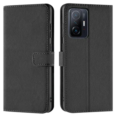 A black book-style phone case is shown open, displaying the inside and the phone it protects.