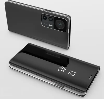 A black smartphone case with a clear view flip cover is shown in a studio setting.
