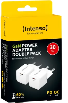 Produktbild von Intenso Ladegerät Power Adapter 30 Watt W30C GaN 1x USB-C für 1 Gerät weiß Doppelpack
