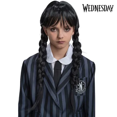 Produktbild von Wednesday Perücke schwarz Langhaar mit Zöpfen Kostüm-Zubehör für Kinder