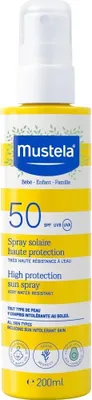 A bottle of Mustela sun spray with yellow and white stripes.