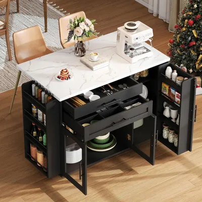 Obrázok produktu pre Kuchynský ostrov z MDF s výklopnou pracovnou doskou, čierny, 138 x 45/70 x 90 cm, mobilný kuchynský vozík so zásuvkami a kolieskami