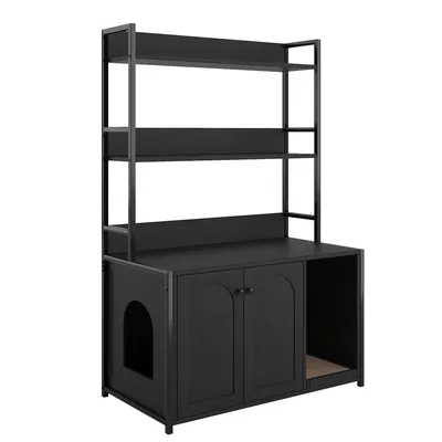 Produktbild von Katzenschrank mit 4 Regalen und Türen Katzenklo-Möbelstück mit Stauraum und Kratzfläche Katzenhaus, Katzenmöbel 90 x 45 x 132 cm schwarz