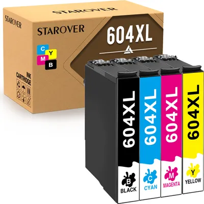 A box of Starover 604XL ink cartridges with four cartridges displayed in front.