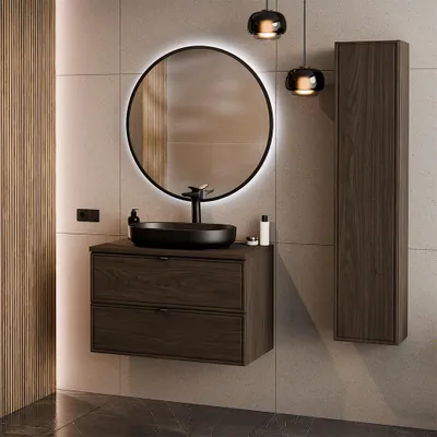 Produktbild von Badmöbel-Set 3-teilig mit LED-Spiegel & 80 cm Waschtisch mit Aufsatzbecken in Walnuss - TEMUCO-56-WALNUT