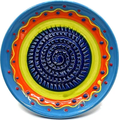 Produktbild von Kaladia Keramik Reibeteller handbemalt in Blau/Orange/Grün/Gelb - Durchmesser ca. 12cm - spülmaschinengeeignet