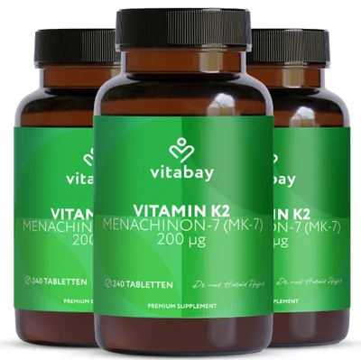 Produktbild von Vitabay Vitamin K2 MK-7 200 µg – 720 vegane Tabletten – 3er-Pack – Knochen & Blutgerinnung – Hochdosiert Vegan MK7 All-Trans Mikroverkapselt