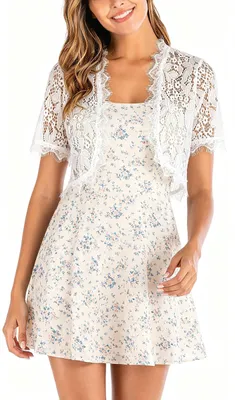 Produktbild von Elegante Bolero-Cardigan mit kurzen Ärmeln und Spitzenbesatz, ideal für Frühlings- und Sommerveranstaltungen, einschließlich Hochzeiten, in Weiß, Größe XL