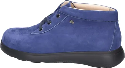 A side view of a blue shoe on a white background.
