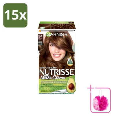 Imagen del producto de 15 unidades de tinte para el cabello Garnier Nutrisse Ultra Crème, color 5.3, rubio dorado claro, pack ahorro