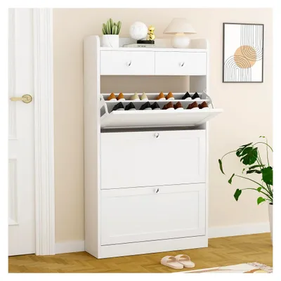 Produktbild von Schuhschrank mit 3 Klappen, Schuhschrank Schmal Schuhregal, mit Zwei Schubladen, Schuhablage Verstellbar, 80 x 24 x 140 cm, Anti-Kipp-Vorrichtung für Eingangsbereich, Flur, (Weiss)