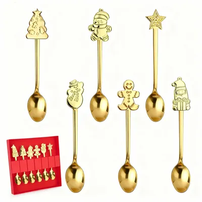 Kaffeelöffel aus Edelstahl, 6 Stück, Gold, Weihnachtsmotive