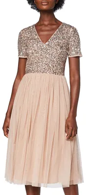 Produktbild von Maya Deluxe Damen Midi-Kleid mit V-Ausschnitt, Verziert Brautjungfernkleid, Taup