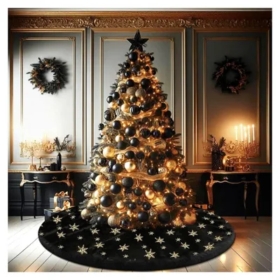 Produktbild von Weihnachtsbaumdecke Schwarz, 120 cm großer Weihnachtsbaumrock aus Kunstpelz mit silbernen und goldenen Schneeflocken für die Weihnachtsdekoration