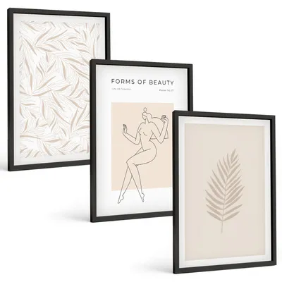 Produktbild von Bilder Set 3-teilig im schwarzen Rahmen – Wandbilder 3 Stück – gerahmte Poster für Wohnzimmer, Schlafzimmer und Flur – 40x60 cm – Minimalistische botanische Motive
