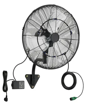 Obrázok produktu pre Nástenný ventilátor, 505 mm, nástenný ventilátor s funkciou oscilácie a rozprašovania, diaľkové ovládanie, krytie IP44, 3 rýchlosti, časovač 18 hodín, regulácia teploty, výkonný model vhodný do priemyselných, komerčných priestorov, garáží, dielní a posilňovní