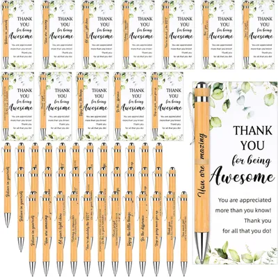Productafbeelding van Werknemer waardering geschenken inspirerende - Set van 72 - Bamboe balpen motiverende citaat pen met dank u kaarten