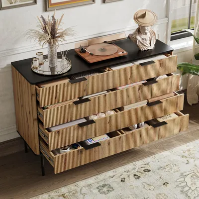 Produktbild von MODFU Moderne Sideboard Aufbewahrungsschrank mit stabilen Füßen,Kommoden Lagerschränke mit Leisere Schubladenschienen,Schwarz+Natur