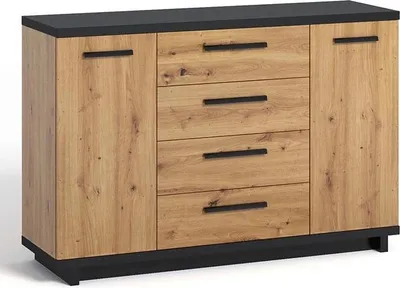 Obrázek produktu pro Příborník Ines 135 cm ve vzhledu dřeva a černé barvě - 2 dveře, 4 zásuvky, velká komoda o tloušťce 32 mm, Loft