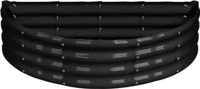 A black, curved, corrugated metal raised garden bed.