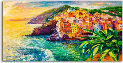 Produktbild von Coloray Acrylbild 100x50  Wandbild Acrylbilder Seelandschaft Sonnenuntergang Dorf