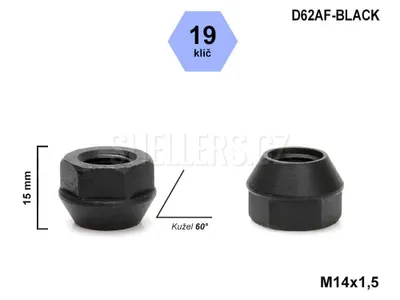 Obrázek produktu pro Kolová matice M14x1,5 kužel otevřená, klíč 19, černá, D62AF-BLACK, výška 15 mm