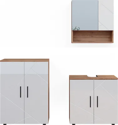 Produktbild von Badmöbel-Set Vicco Irma Weiß Hochglanz/Goldkraft Eiche 3 Teile, mit Unterschrank 60 cm, Model 40535