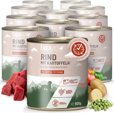 Produktbild von REAVET Premium Hunde Nassfutter - Rind an Kartoffeln & Apfel 12 x 800g I mit hohem Fleischanteil & viel Muskelfleisch, Getreidefrei, Hundefutter nass, ohne Zucker