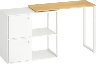 Produktbild von Schreibtisch L-förmig, 360° drehbarer Eckschreibtisch mit 2 Lagerschränken, 2 offenen Regalen, Computertisch für kleine Räume, Arbeitszimmer, Wohnzimmer, 150x40x75 cm, Weiß
