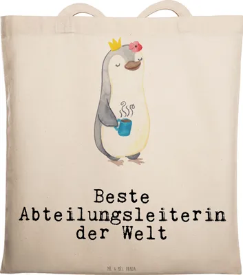 Produktbild von Mr. & Mrs. Panda Stoffbeutel Pinguin Beste Abteilungsleiterin der Welt - Transparent - Geschenk, Kollegin, Arbeit, Laptoptasche, Shopping Tasche, Anerkennung, Jutebeutel