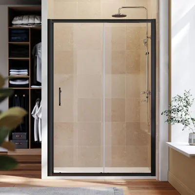 Image de Cabine de douche SONNI 100 x 185 cm en noir mat, porte coulissante,rails supérieur et inférieur, verre de 5 mm, cadre de porte avec position de réglage de -20 mm