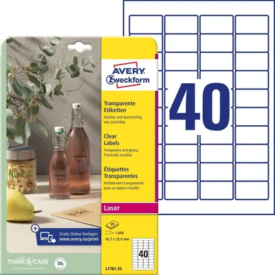 Image de Avery Zweckform L7781-25 Étiquettes transparentes, 45,7 x 25,4 mm, 25 feuilles/1 000 étiquettes, transparent