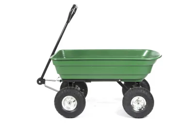 Obrázek produktu pro Zahradní vozík, 4 pneumatiky, sklápěcí mechanismus, polstrovaná rukojeť, uzavřená vana, manévrovatelný, terénní, všestranný, max. nosnost 200 kg