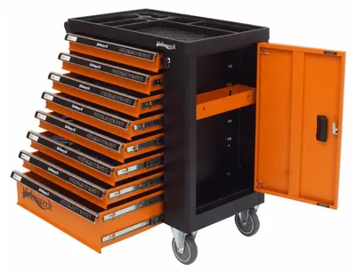 Produktbild von Holmwerk® Werkstattwagen leer 8 Schubladen 84 x 46 x 90 cm orange-schwarz mit Seitentür