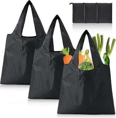 Image de Unyqoos® : Lot de 3 sacs pliables pour courses – réutilisables et gain de place, 50 x 48 cm, capacité de 18 kg, pliés : 14 x 9 cm, 100 % nylon crypté T210, couleur noire