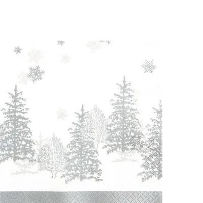 Produktbild von 20 kleine Cocktailservietten Tree and Snowflakes - Bäume & Schneeflocken silber 25x25cm