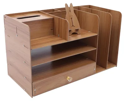 Zdjęcie produktu dla Organizer na biurko – półka na dokumenty A4 – 4 poziomy – z uchwytem na telefon – z pojemnikiem na chusteczki – półka na książki – 48×23×28 cm – brązowe drewno wiśniowe