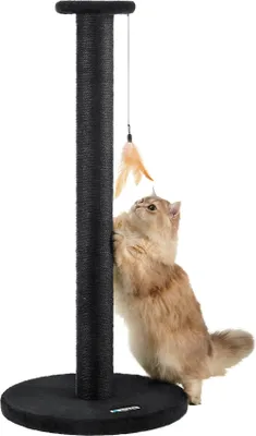 A cat is playing with a scratching post.