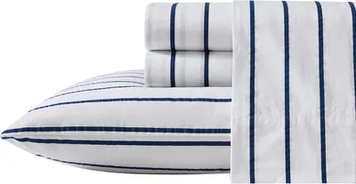 Immagine prodotto di Set completo di lenzuola, realizzato in cotone percal, fresco e confortevole, leggero e traspirante (a righe Brenton, colore blu navy, completo)