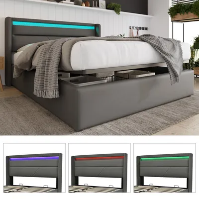 Immagine prodotto di Letto imbottito 140 x 200 cm con vano contenitore con apertura idraulica, striscia LED, telecomando, materasso H3, molle insacchettate 7 zone, PU, grigio