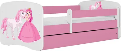 Produktbild von Kinderbett Rosa 70x140 80x160 80x180 cm – mit Matratze, Rausfallschutz und Schublade – Jugendbett für Mädchen – Stabil und Sicher – Prinzessin und Pferd – 160x80 cm