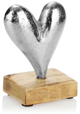 Deko Herz aus Metall auf Mangoholz-Fuß, 9x12x5 cm
