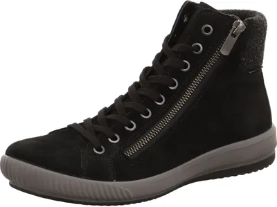A single black high-top sneaker with a gray sole is shown against a white background.
