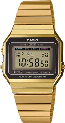 A close-up studio shot of a gold digital watch against a white background.