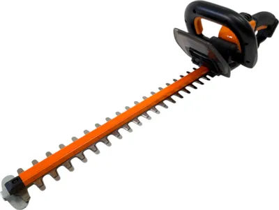 A hedge trimmer with an orange blade and black handle is shown against a white background.