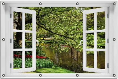 Produktbild von Wallario Outdoor-Poster für Garten oder Balkon 80 x 120 cm: Bunte Blumen im Park am Wasser - Frühblüher am Ufer