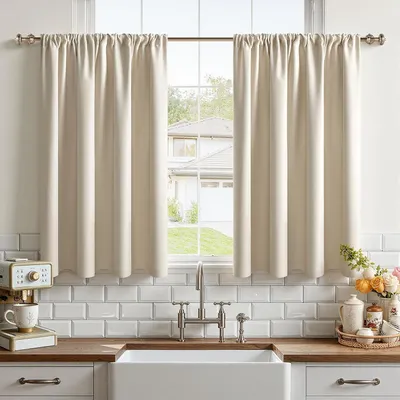 Immagine prodotto di Tende trasparenti - Tende per cucina - Tende bistro - Opache - Set di 2 - Beige - Tende per cucina - Tende trasparenti con passacordini - Moderne - Tende per finestre di camper