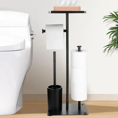 Imagen del producto de Soporte de rollo de inodoro independiente - Con cepillo - Organización de baño - Con estante superior - Almacenamiento 3 rollos - Matt Negro